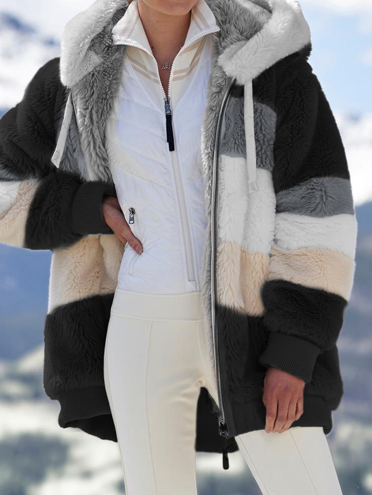 Manteau à capuche en peluche à carreaux avec coutures décontractées