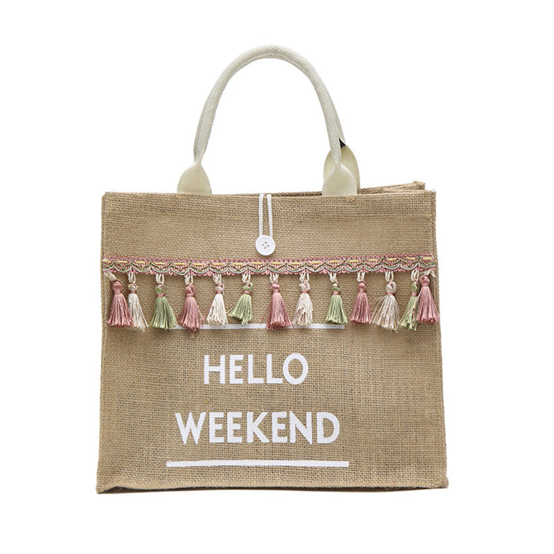 „Hello Weekend“-Umhängetasche mit Quaste 