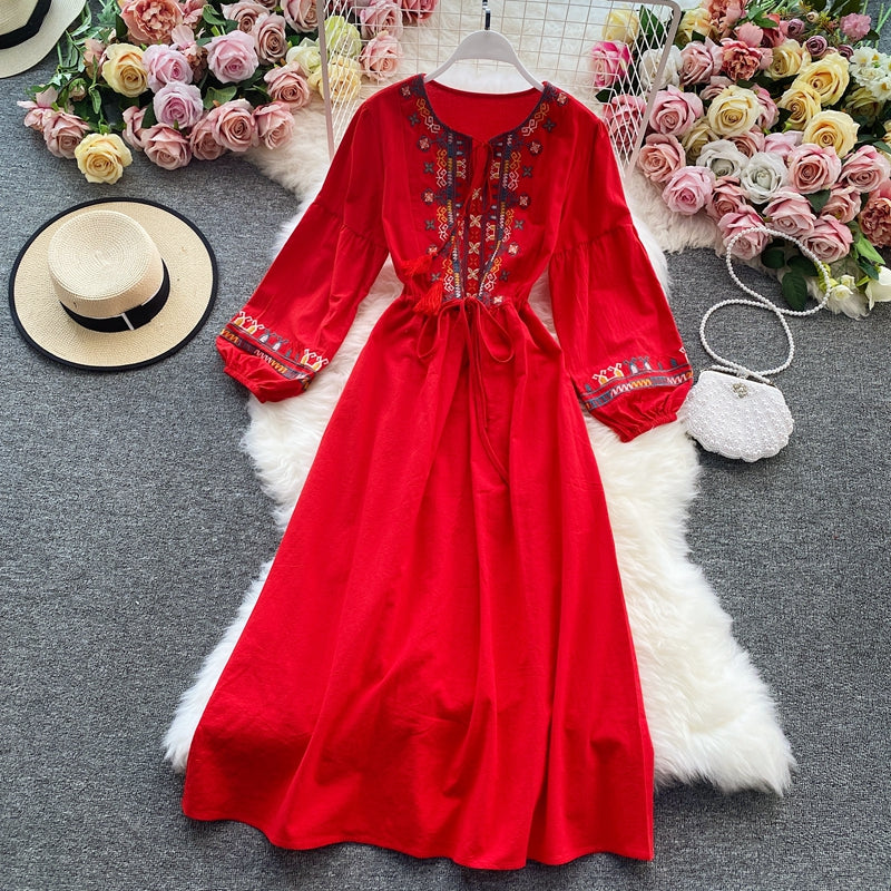 Robe Bressée à Bretelles Florales Vintage à Manches Longues et à Bretelles