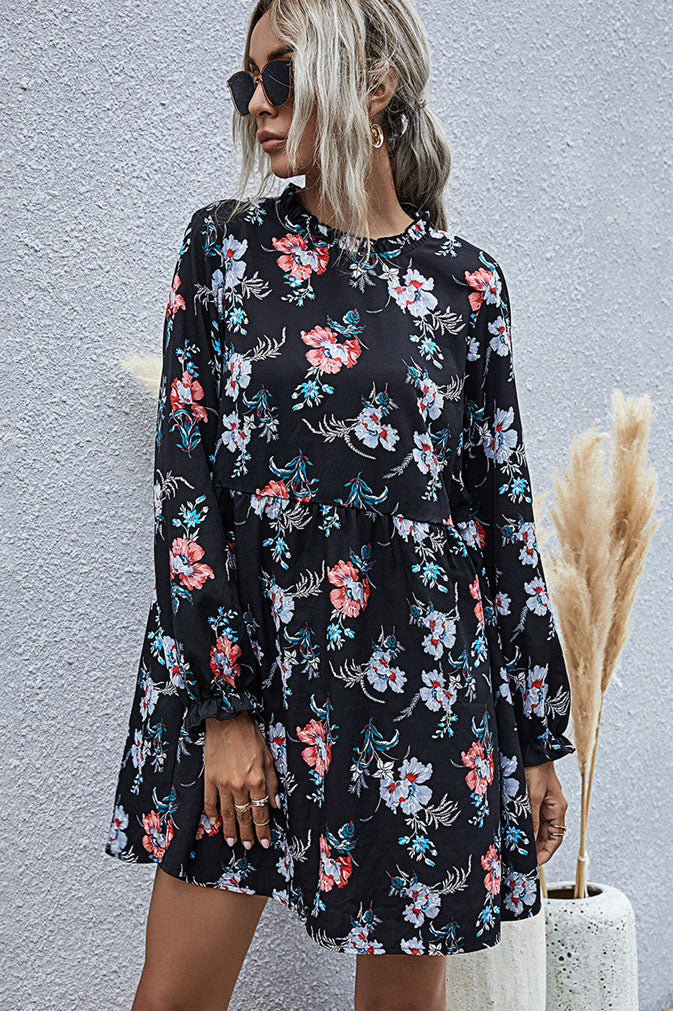 Robe florale ample à manches longues et taille haute