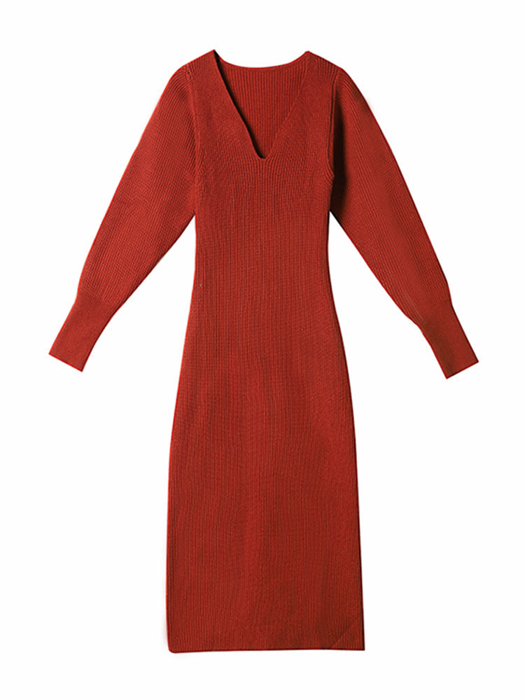 Robe tricotée à manches longues et col en V pour le bureau