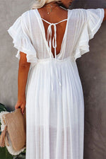 Einreihiges Kleid mit tiefem V-Rüschen und Rüschen