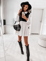 Long Sleeve PU Leather Patchwork Shirt Dress