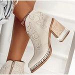Embroidered Thick Heel Sewing Rivets Vintage Ankle Boots