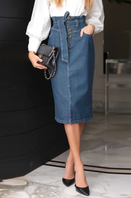 A-Linien-Jeans-Midirock mit hoher Taille zum Binden