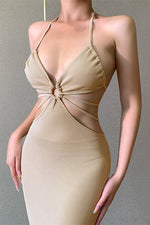 Robe midi moulante en tricot dos nu à bandes