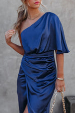 Glam Expectations One Shoulder Satin Drape Dress