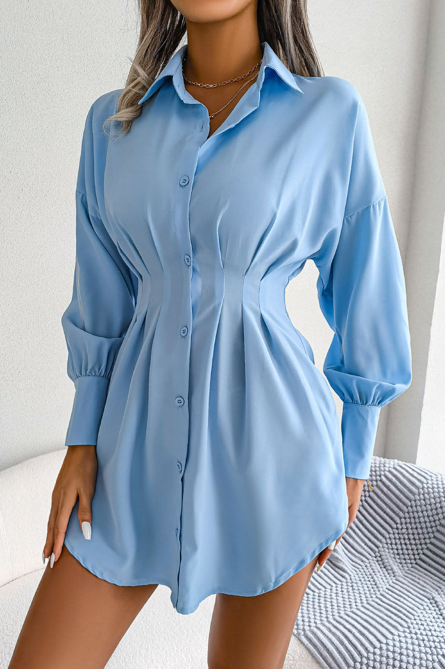 Robe chemise asymétrique à manches lanternes et taille
