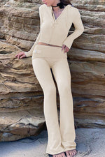 Knit High-Waist Flare Pants and Hooded Top Set 
