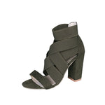 Stretch Fabric cross Straps thick Heel Sandals