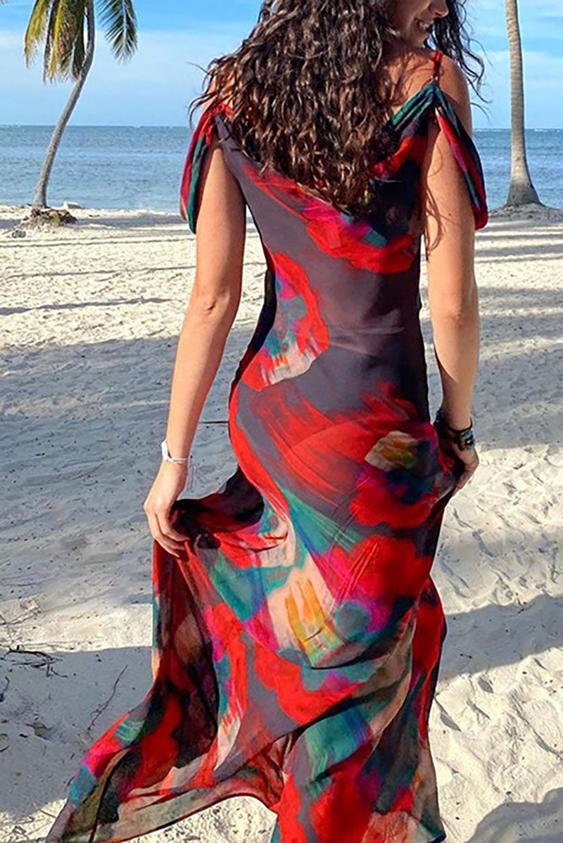Schickes bedrucktes Maxikleid mit hoher Taille und einer Schulter