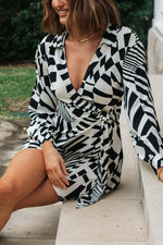 Geometric V-Neck Irregular Hem Long Sleeve Dress