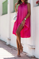 Satin Crinkled Sleeveless Stand-Neck Dress