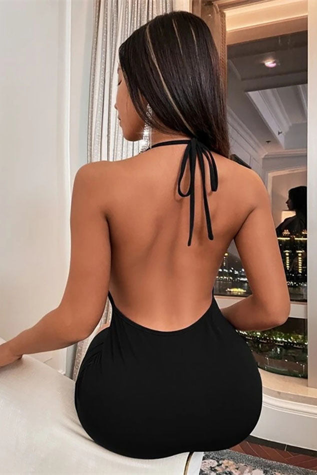 Mini-robe dos nu avec nœud fendu et profond en V 