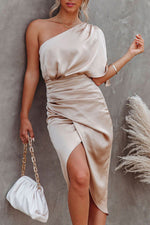Glam Expectations One Shoulder Satin Drape Dress
