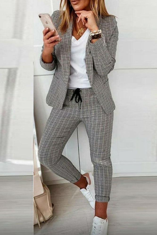 Ensemble manteau blazer à carreaux et pantalon à cordon de serrage