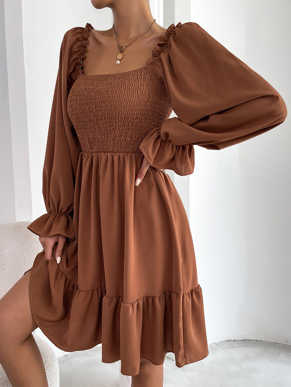 Elegant Square neck High waist Ruffle Dress