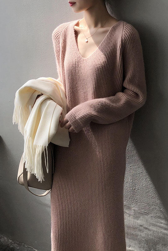 Robe longue basique en maille douillette à col en V