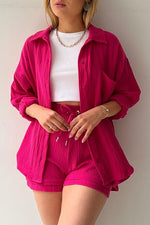 Solid Color Mock Neck Top and High-Waist Shorts Set 