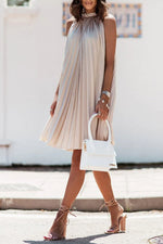 Satin Crinkled Sleeveless Stand-Neck Dress