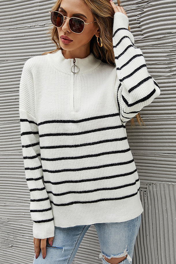 Pull Zippé à Col Montant Rayé Colorblock