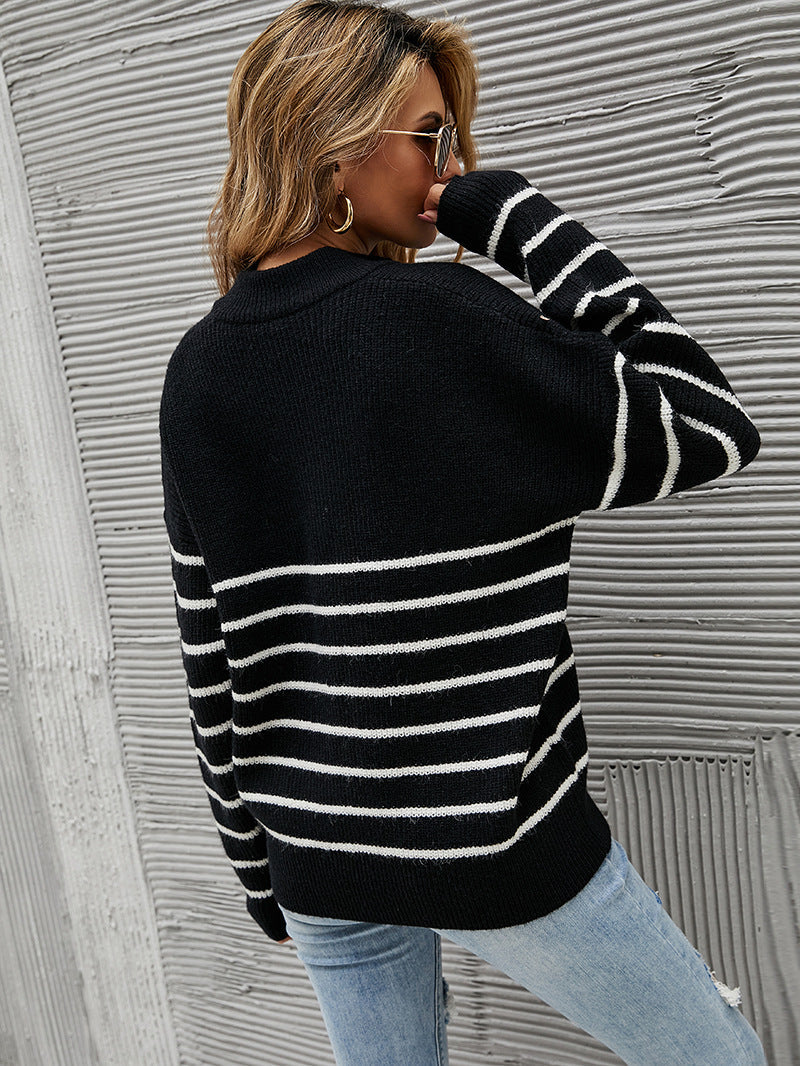Pull Zippé à Col Montant Rayé Colorblock