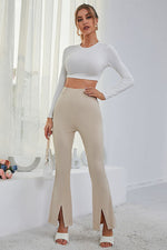 High Waist Front Slit Stretch Flare Pants