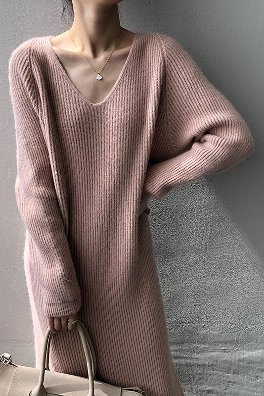 Robe longue basique en maille douillette à col en V