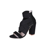 Stretch Fabric cross Straps thick Heel Sandals