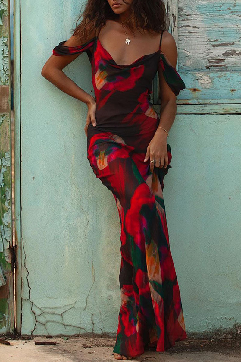 Schickes bedrucktes Maxikleid mit hoher Taille und einer Schulter