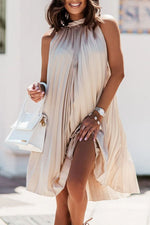 Satin Crinkled Sleeveless Stand-Neck Dress