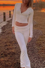 Knit High-Waist Flare Pants and Hooded Top Set 