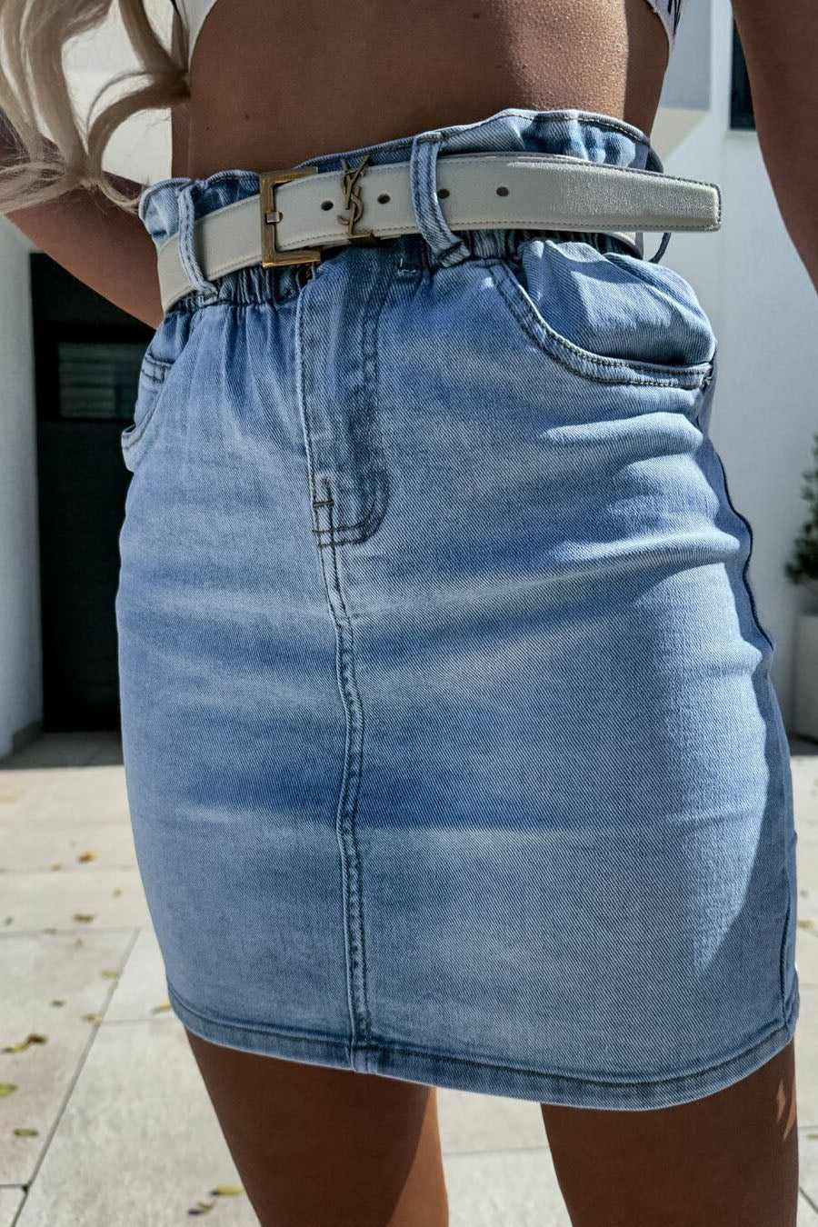 Floral Lace Trim High Waist Skinny Denim Miniskirt 