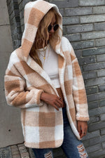 Doppelseitige Lamm-Cardigan-Jacke mit lockerer Kapuze und Karomuster 