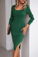 Square Neck Fitted Split Hem Knit Dress