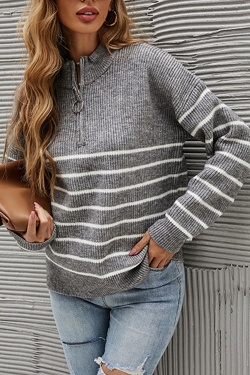 Pull Zippé à Col Montant Rayé Colorblock