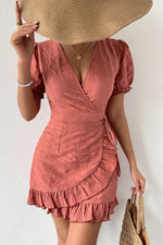 Solid color V-neck Pleated Asymmetric waist Dress