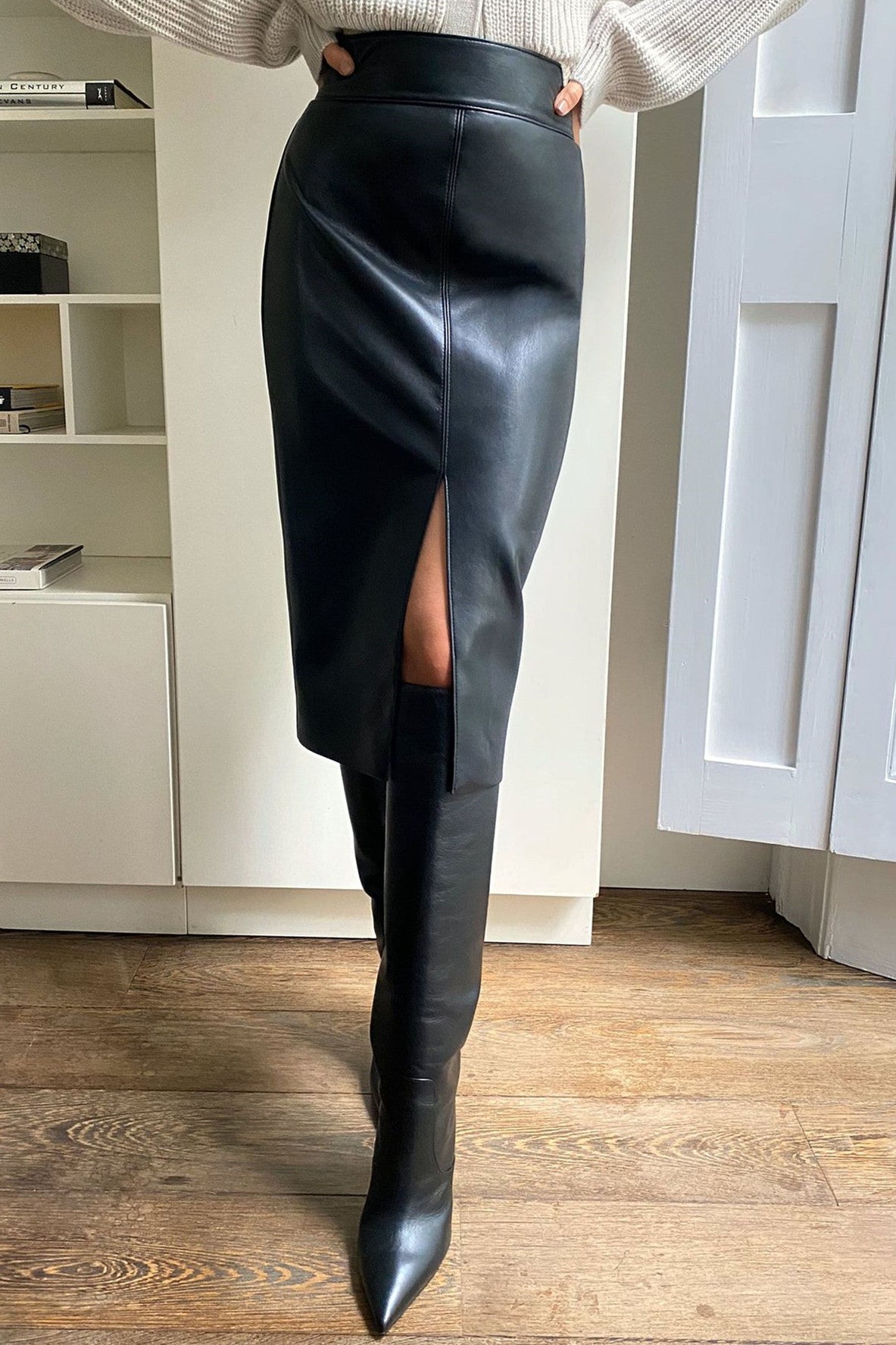 High Waist Faux Leather Slit Pencil Office Skirt