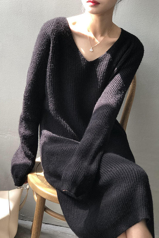 Robe longue basique en maille douillette à col en V