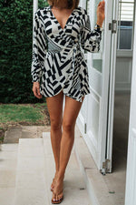 Geometric V-Neck Irregular Hem Long Sleeve Dress