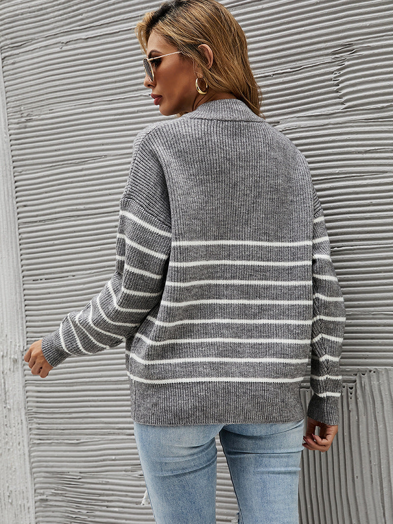 Pull Zippé à Col Montant Rayé Colorblock