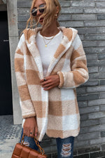 Doppelseitige Lamm-Cardigan-Jacke mit lockerer Kapuze und Karomuster 