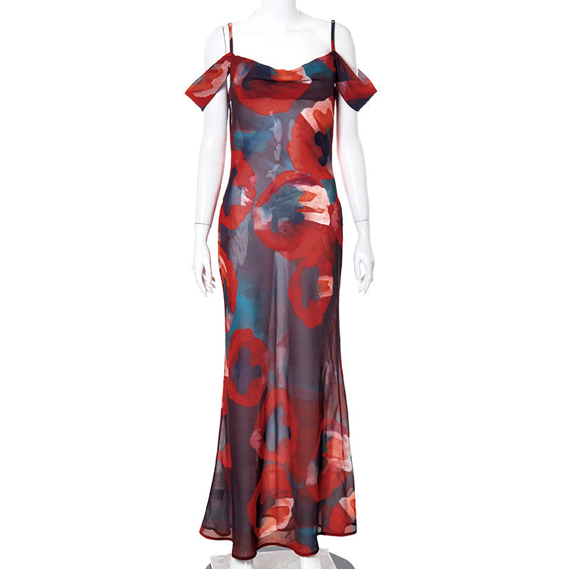 Schickes bedrucktes Maxikleid mit hoher Taille und einer Schulter