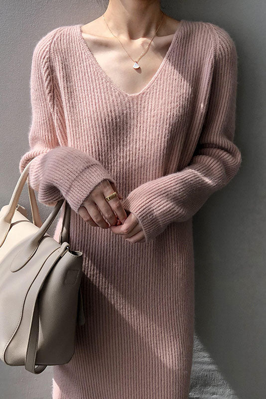 Robe longue basique en maille douillette à col en V