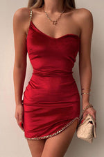 Split One-shoulder Backless Chain Halter Dress