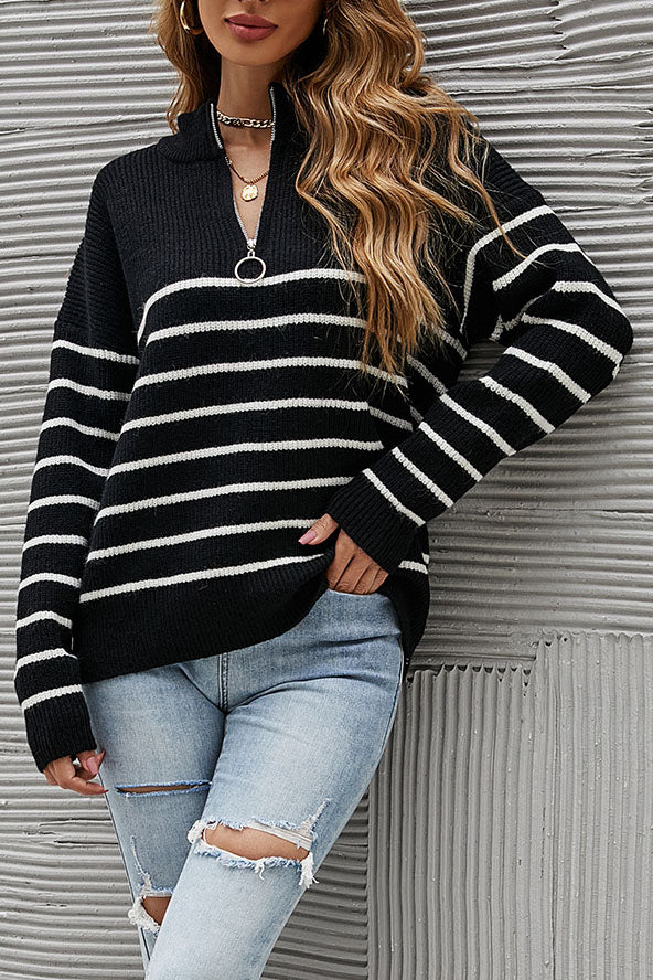Pull Zippé à Col Montant Rayé Colorblock