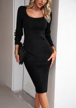 Square Neck Fitted Split Hem Knit Dress