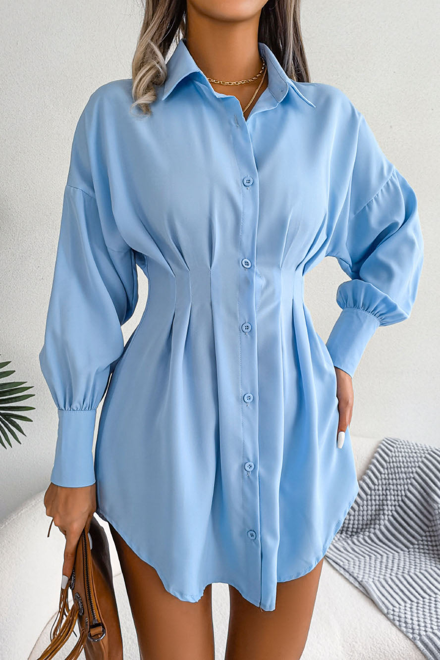 Robe chemise asymétrique à manches lanternes et taille
