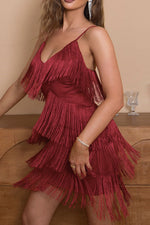 Low Cut V-Neck Sling Fringe Dress