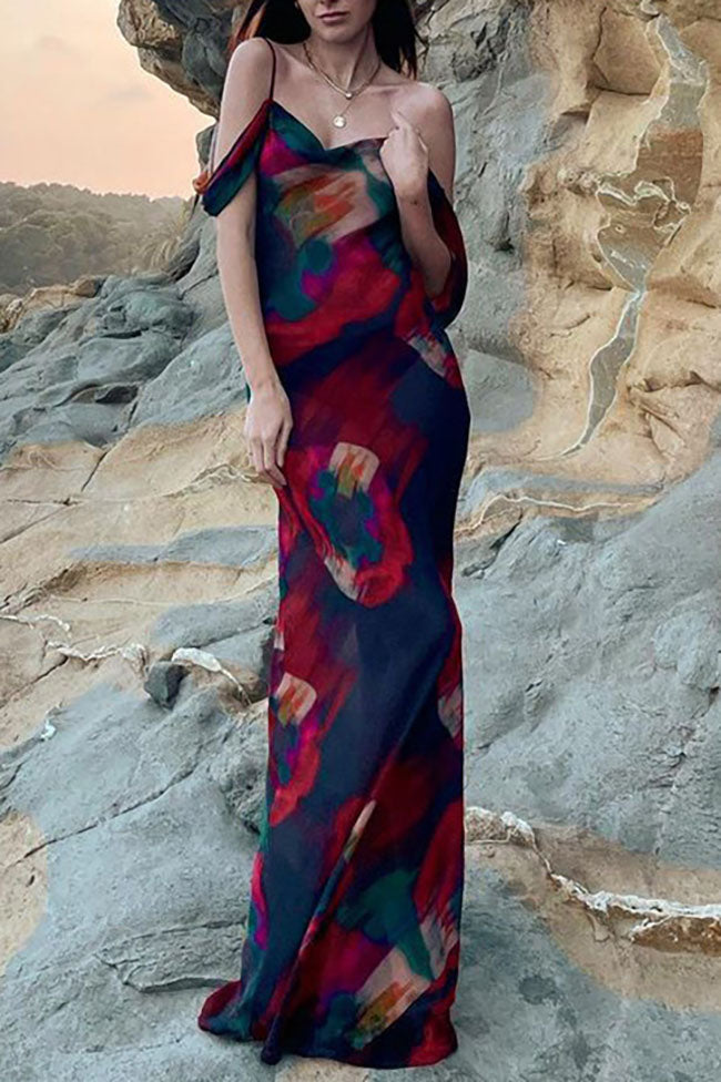 Schickes bedrucktes Maxikleid mit hoher Taille und einer Schulter